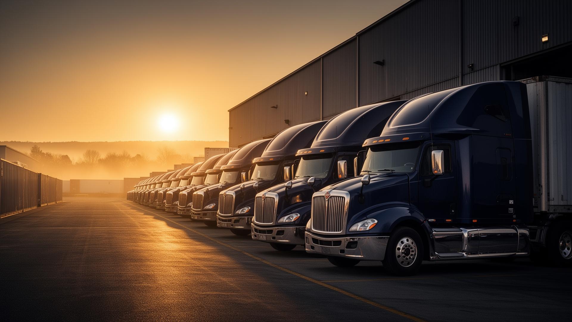 Fleet of semi trucks at sunrise